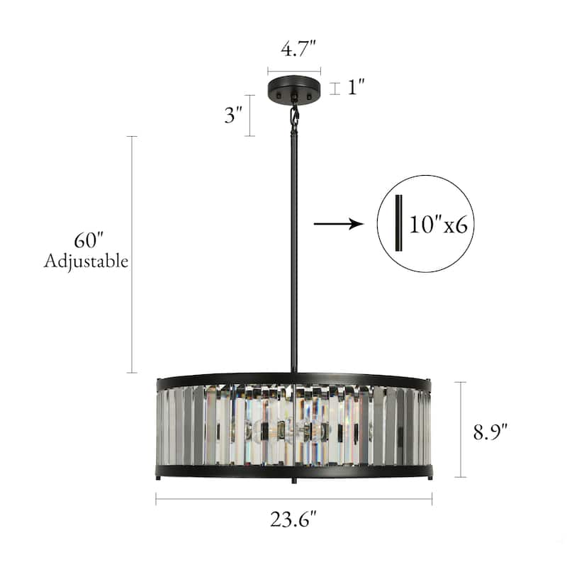 Modern 6-Light Black Crystal Drum Chandelier for Dining Room Kitchen Island - D 23.6" x H 72.9" Max