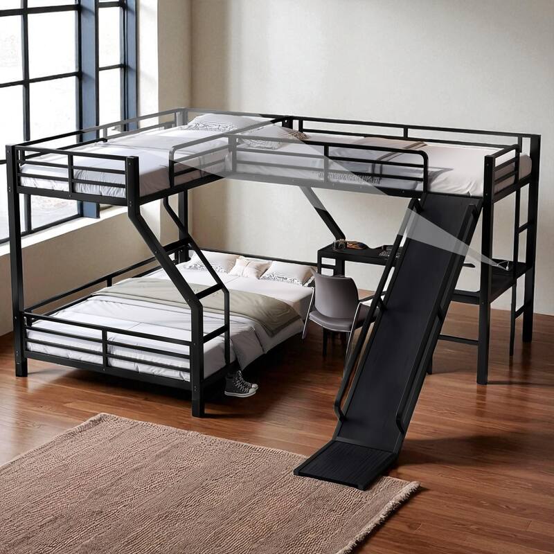 L-Shaped Metal Triple Bunk Bed with Slide & USB, Twin XL over Queen/Twin over Full with Loft, Noise-Free, Black