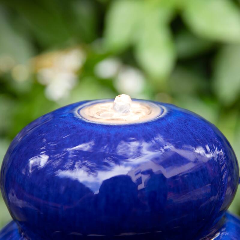 Glitzhome 22"H Zen-Style Cobalt Blue Pebbles Outdoor Ceramic Fountain with Pump and LED Light