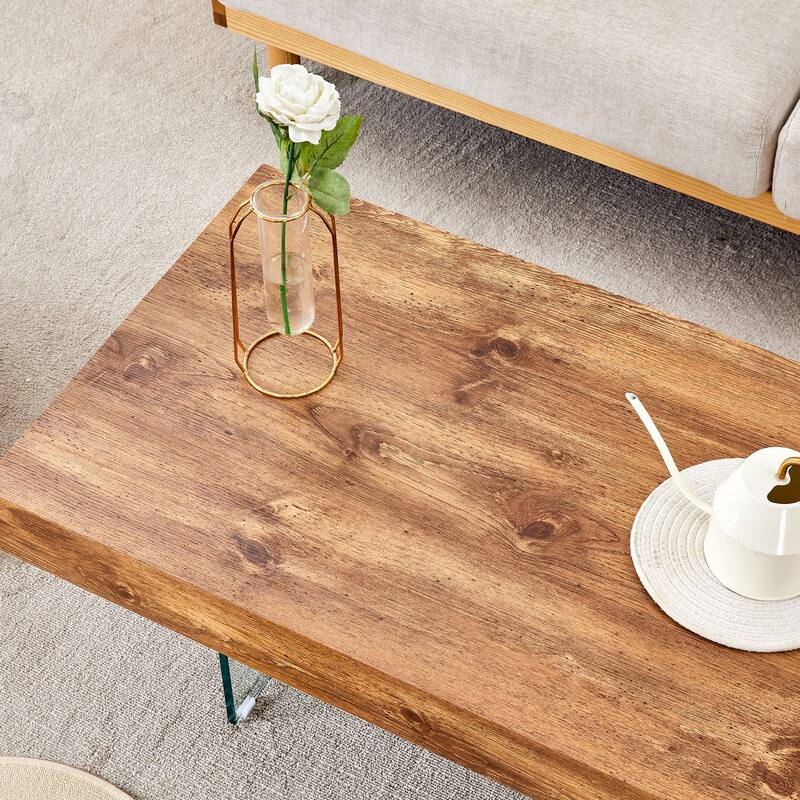 Natural Style MDF Coffee Table - 39.3"x21.6" with Tempered Glass Legs.Density Board Sticker,Reinforced Glass.