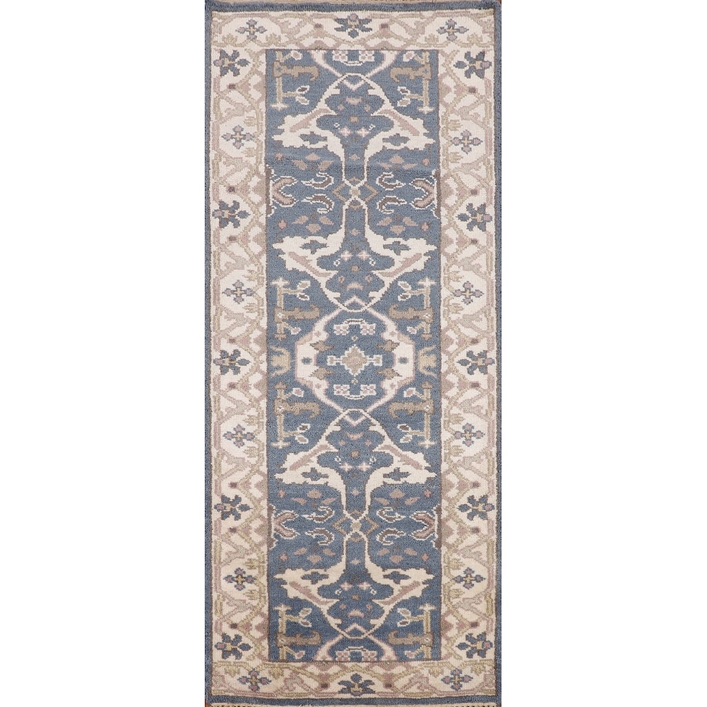 Blue & Ivory Oushak Oriental Runner Rug Handmade Wool Carpet - 2'9"x 7'9"
