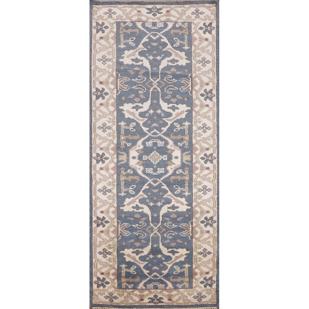 Blue & Ivory Oushak Oriental Runner Rug Handmade Wool Carpet - 2'9"x 7'9"