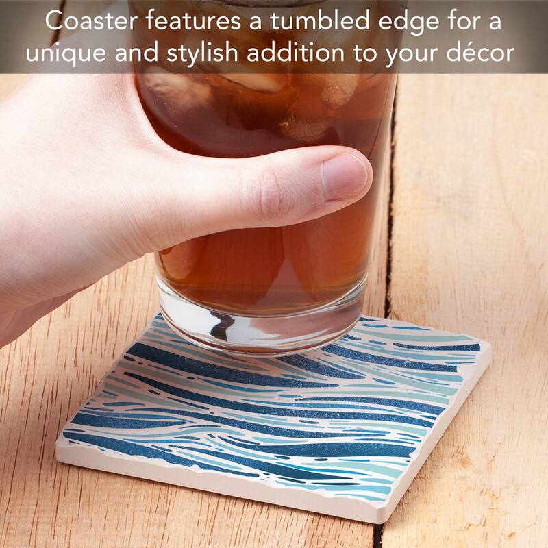 Sparkling Waves 4 Pack Absorbent Stone Coasters with Cork Backing 4" Square Made in The USA Absorbent Wipes Clean