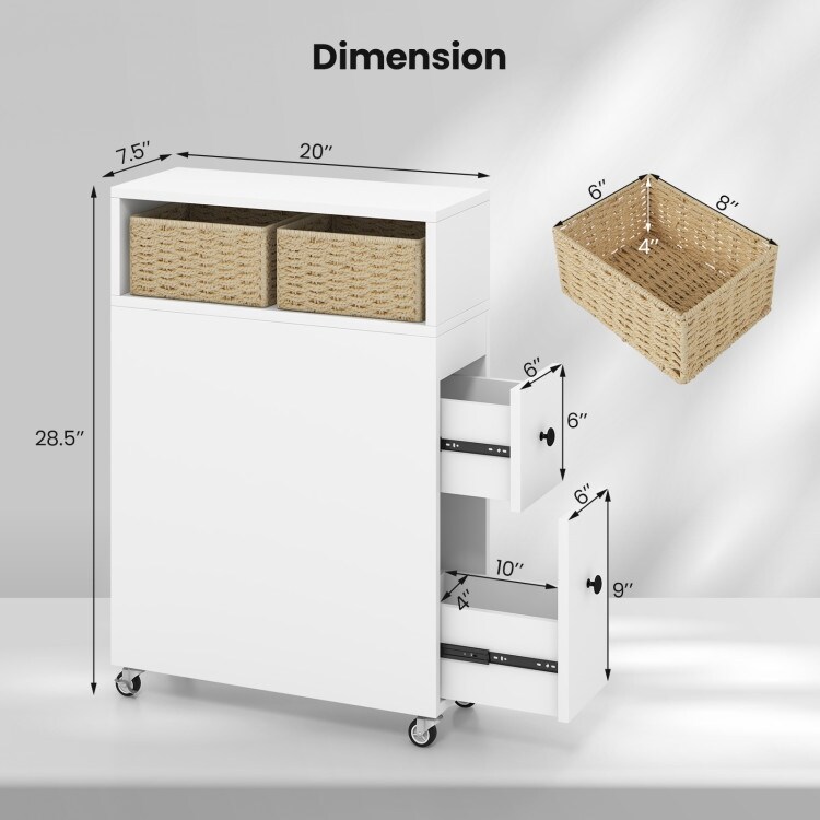 White Wooden Storage Cabinet Organizer with 4 Casters 20 x 6 x 28.5 L x W x H