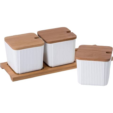 Bruntmor 3 Pcs Kitchen Canister Set, Coffee, Sugar, and Tea Storage Jars, Ceramic Spice Container with Bamboo Lid And Spoons