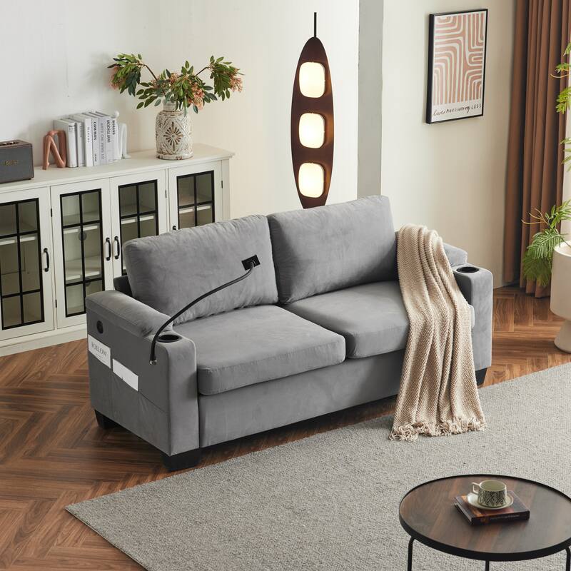 Pull-Out Queen Sofa Bed 73.63" with Memory Foam Mattress, Cup Holders, USB Ports, and Storage Pockets for Small Spaces