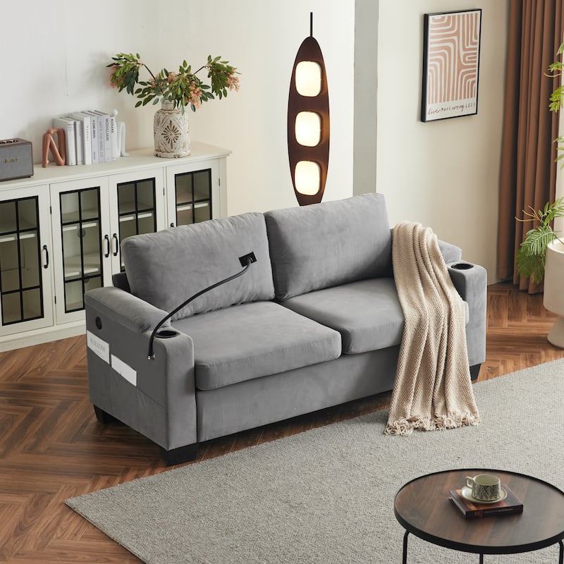 Queen Pull-Out Sofa Bed 73.63" with Memory Foam Mattress, Chenille Upholstery, USB Ports, and Cup Holders for Living Room