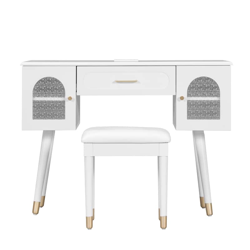 Elegant Vanity Makeup Table & Chair Set, Modern Dressing Table with Organizer, Writing Desk, Charging Port, White