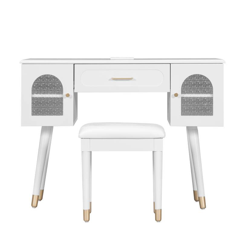 Vanity Makeup Table and Chair Set, Built-in Power Charging Station Dressing Table Writing Desk with Storage Organizer
