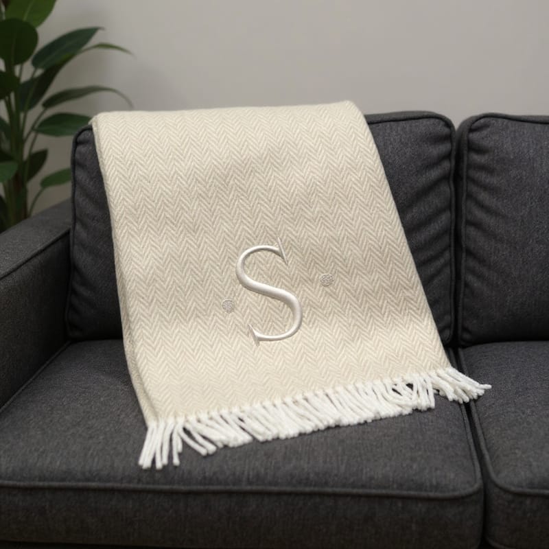 55" X 70" Linen And White Herringbone Cotton Blend S Initial Throw Blanket with Tassels And Embroidery