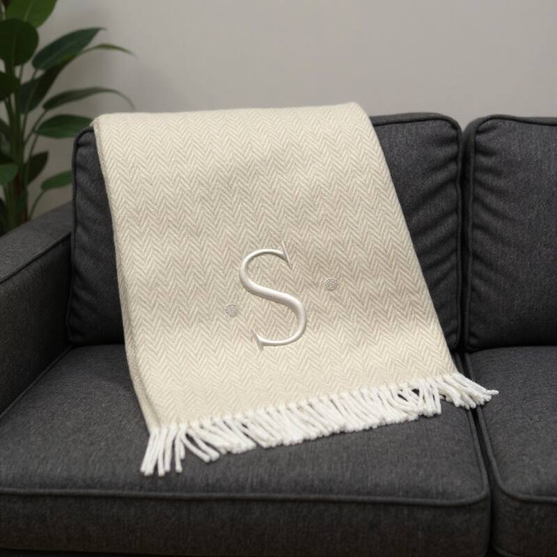 HomeRoots 55" X 70" Linen And White Herringbone Cotton Blend S Initial Throw Blanket with Tassels And Embroidery - Throw - Linen/White