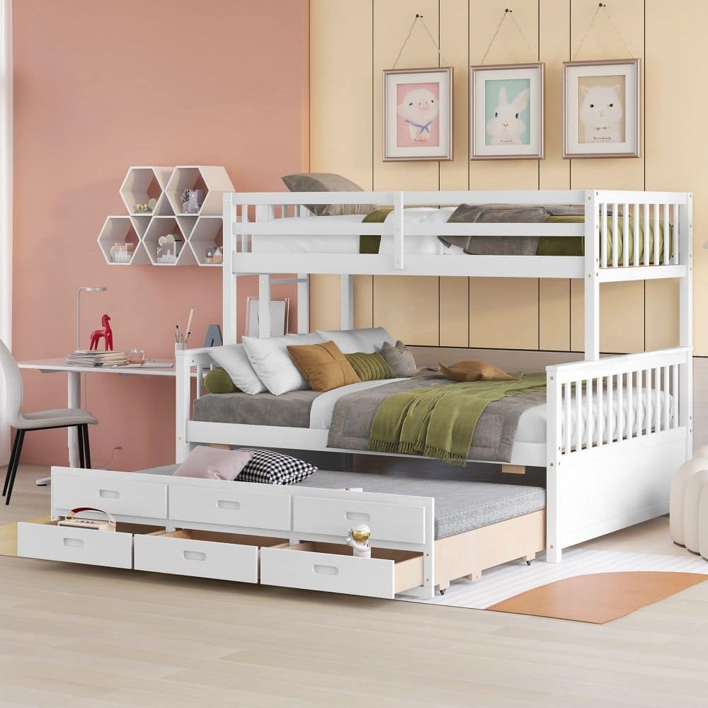Twin-Over-Full Bunk Bed with Twin size Trundle with Drawers for Bedroom