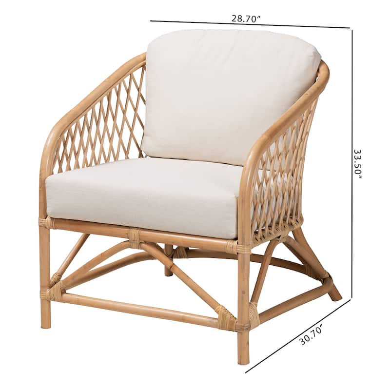 Patsy Modern Bohemian White Fabric and Natural Brown Rattan Armchair