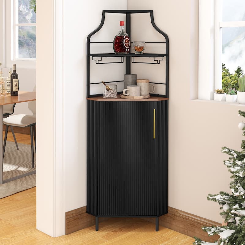 59.05" Tall Corner Bar Storage Cabinet with Wine Rack & Lights