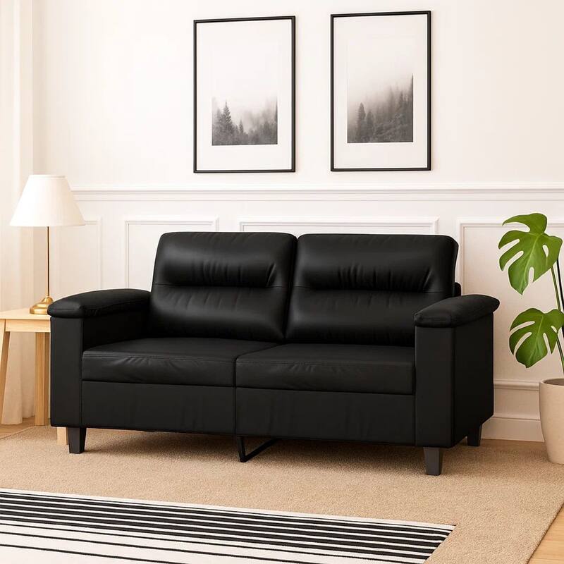 2 Seater Sofa, Black Faux Leather, Tufted Cushions, Steel, 59 Inch