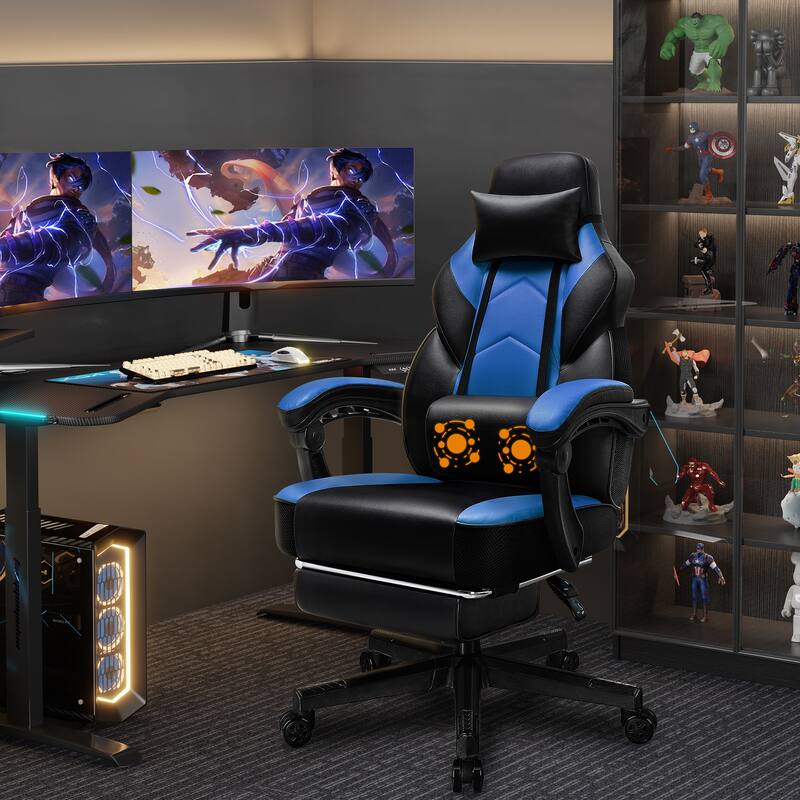 Adjustable Comfortable Game Chair Swiveling PC & Racing with Footrest - Blue