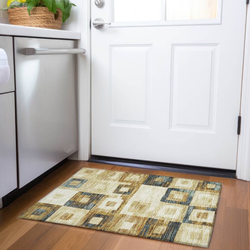 Machine Washable Indoor/ Outdoor Contemporary Blocks Chantille Rug - Beige - 1'8" x 2'6"