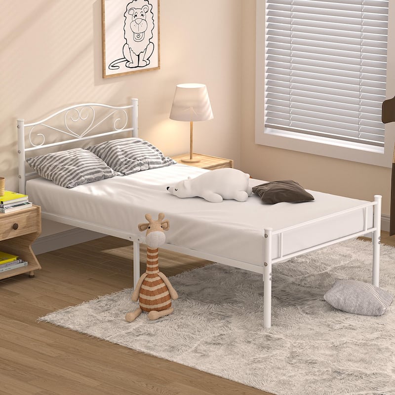 VECELO Twin Size Metal Bed Frame Set of 2, Heavy Duty Platform Beds with Headboard, No Box Spring Needed, Under Bed Storage