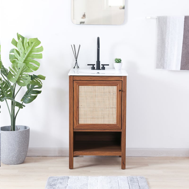 Jasper Rattan Modern Coastal 2-Shelf Bath Vanity Cabinet Only (Sink Basin Not Included), By JONATHAN Y - Walnut - 20"W x 18"D x 33"H