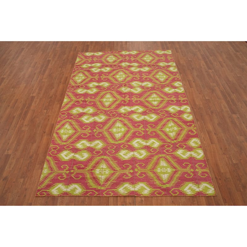 Hand Woven Oriental 100% Wool Carpet Southwestern All-Over Pink Kilim Area Rug - 8' 10'' X 5' 10''