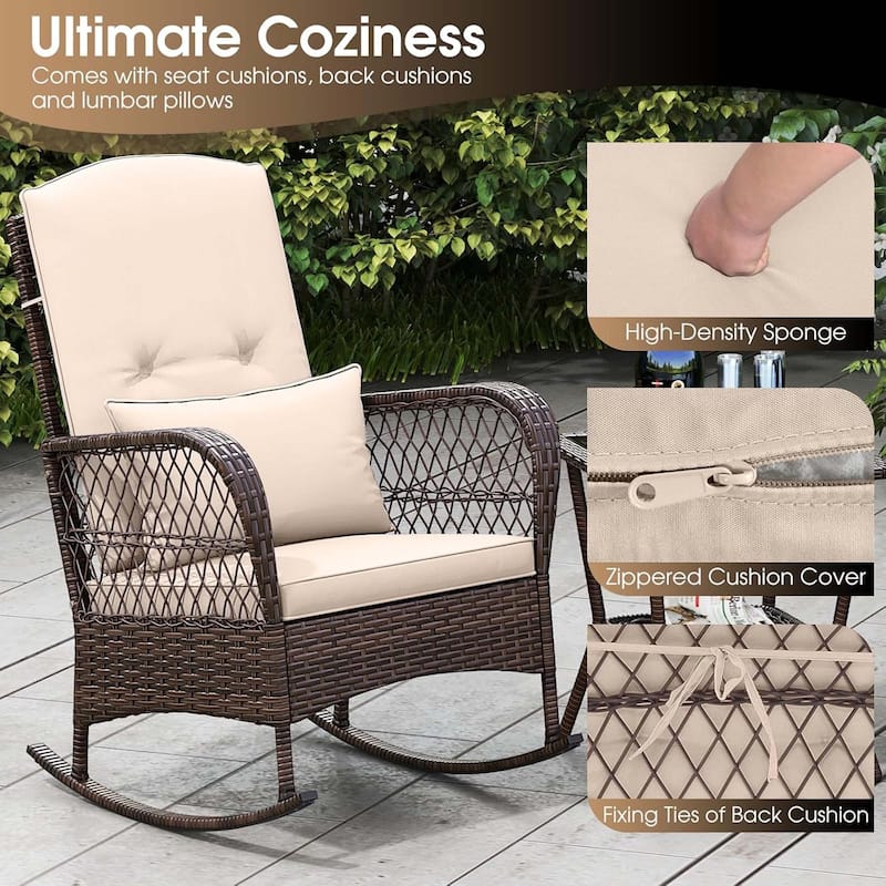 3 PCS Patio Rocker Set Wicker Chairs w/ Double-Layer Coffee Table