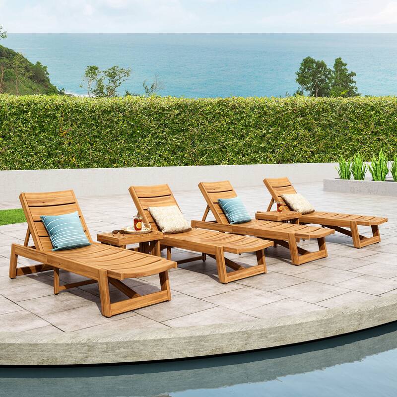 Kyoto Outdoor Acacia Wood 6 Piece Chaise Lounge Set by Christopher Knight Home - Teak Finish  + Yellow