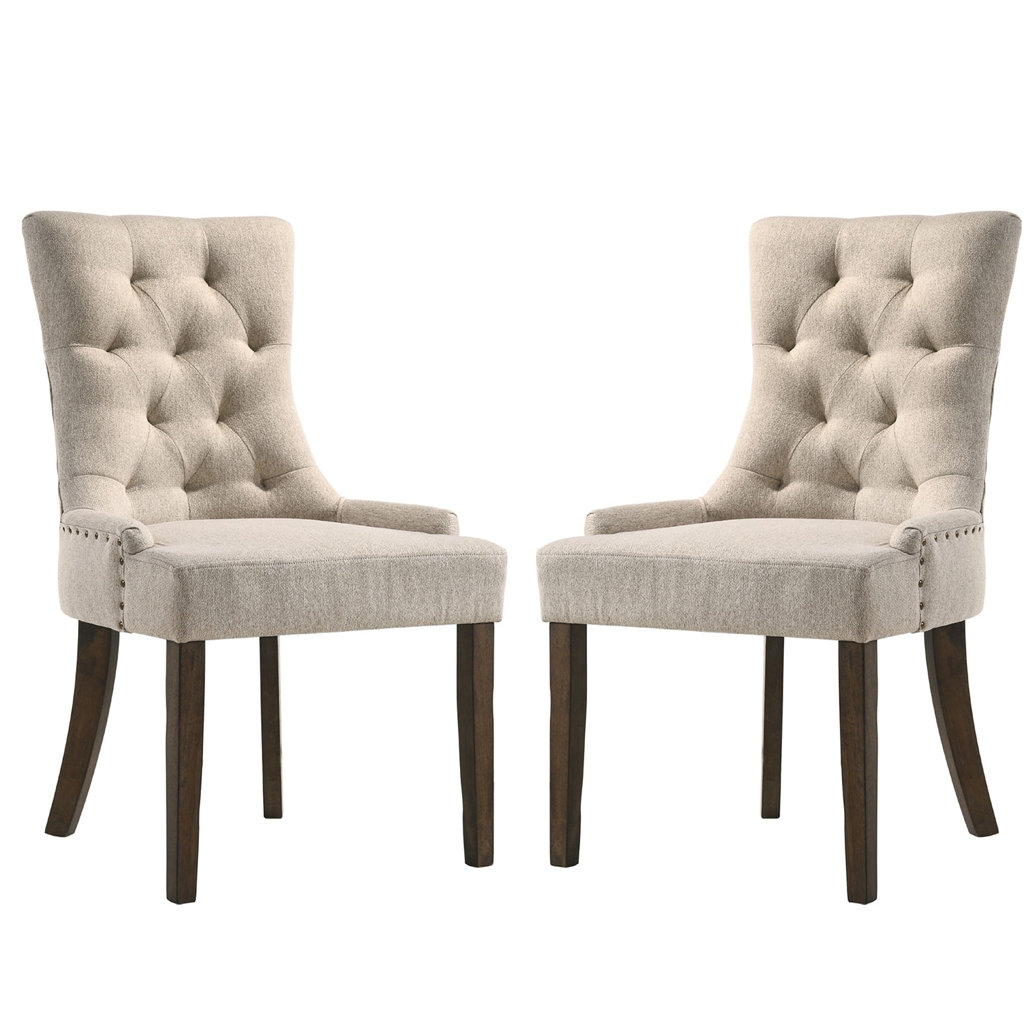 Set of 2 Fabric Upholstered Dining Chairs, Beige and Weathered Oak