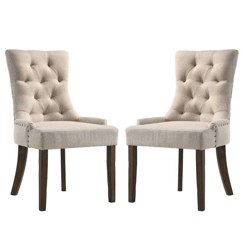 Set of 2 Fabric Upholstered Dining Chairs, Beige and Weathered Oak - Beige+Ancient Oak