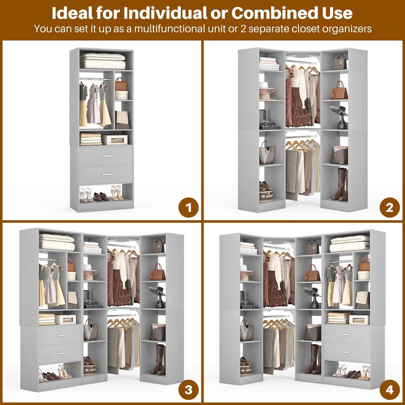 Rackcog 63.2'' W Corner Closet System with 2 Wooden Drawers and 3 Hanging Rods, Walk-in Closet Organizer with 12 Storage Shelves