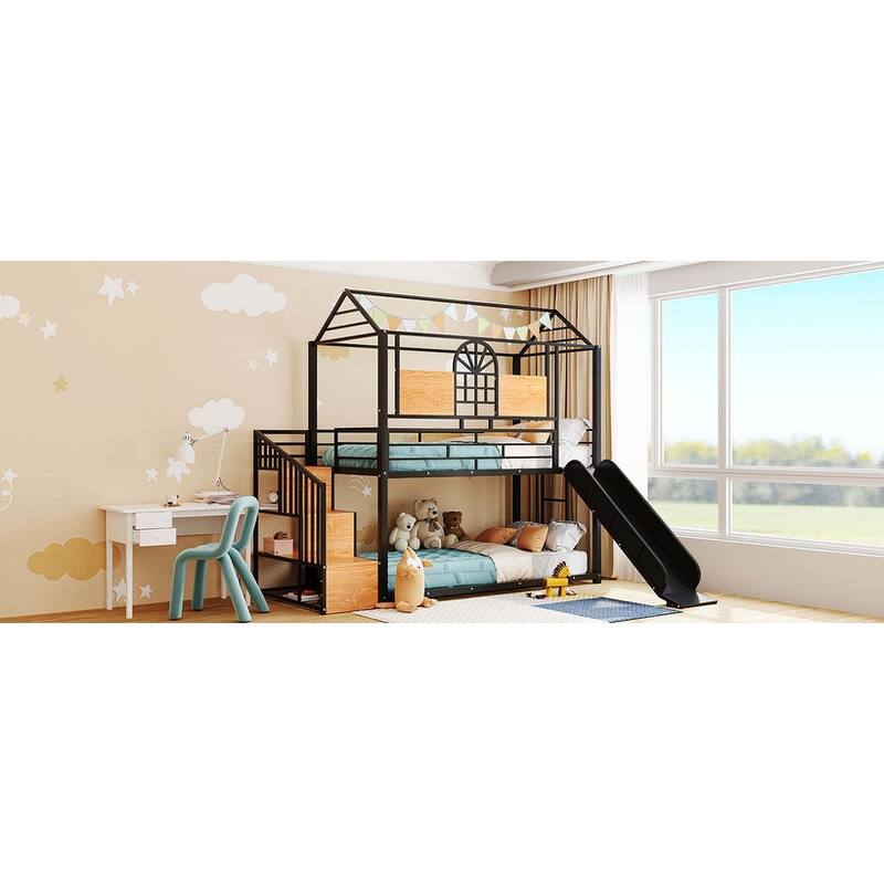 Metal Housebed Bunk Bed with Slide & Storage Stair
