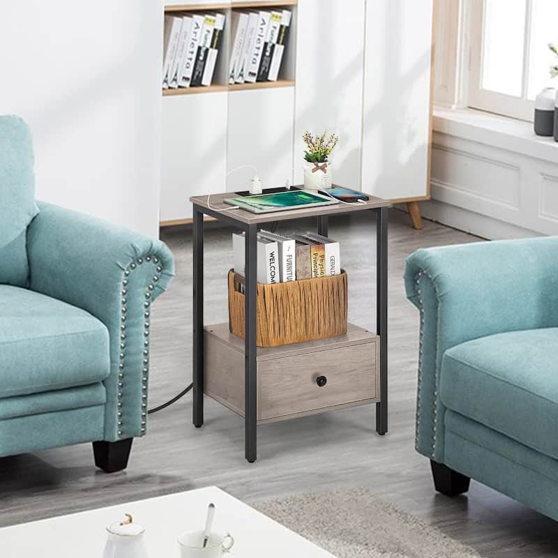 2 PCS Side Table with Charging Station with USB Ports & Power Outlets