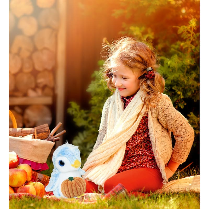 DolliBu Sparkling Eyes Blue Penguin Stuffed Animal with Pumpkin Decor - 6 inches