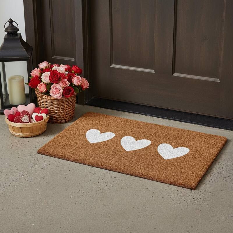 HomeRoots 12" X 24" Brown And White Three Hearts Outdoor Coir Door Mat - 12.00' X '24.00 - 12.00' X '24.00