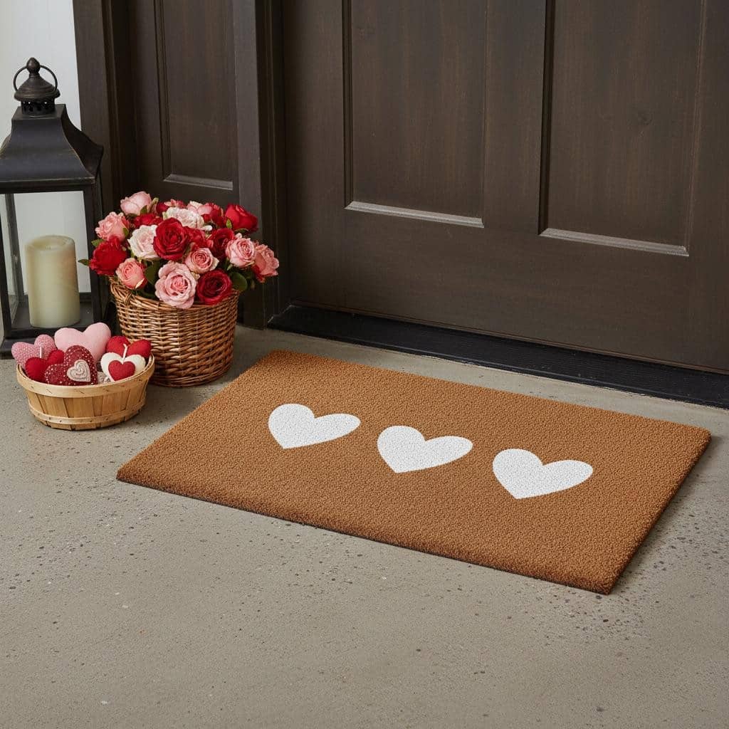 HomeRoots 12" X 24" Brown And White Three Hearts Outdoor Coir Door Mat - 12.00' X '24.00