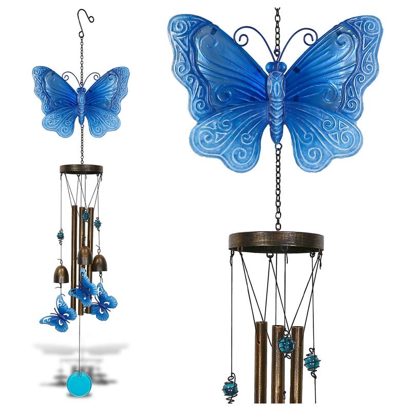 CoTa Global Blue Garden Butterfly Wind Chime – Glass and Metal Chime - 35 inches