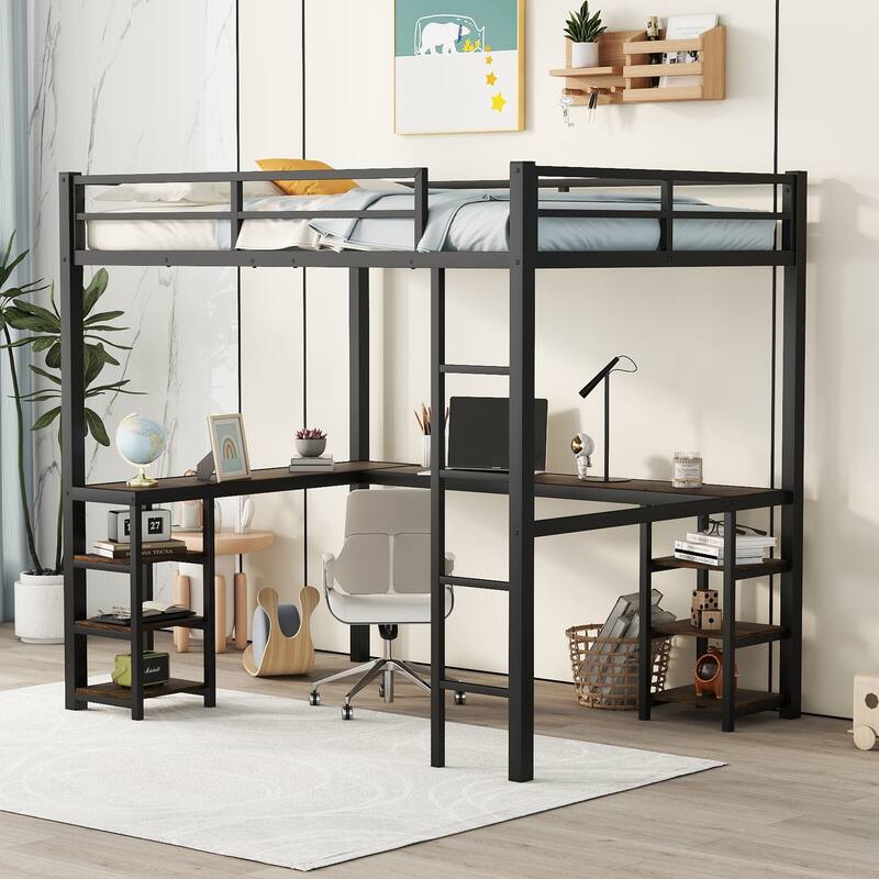 Black Full Metal Loft Bed with Desk & Shelves - Black