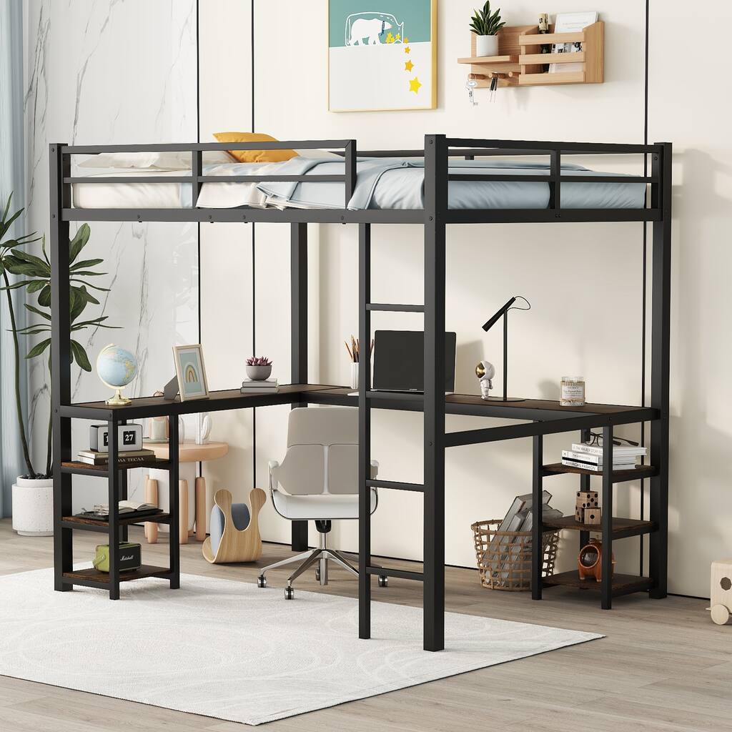 Full Metal Loft Bed with Desk and Shelves, Loft Bed with Ladder and Guardrails, Loft Bed Frame for Bedroom
