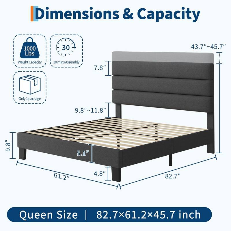 Bed Frame with Adjustable Headboard, Wooden Slats Support