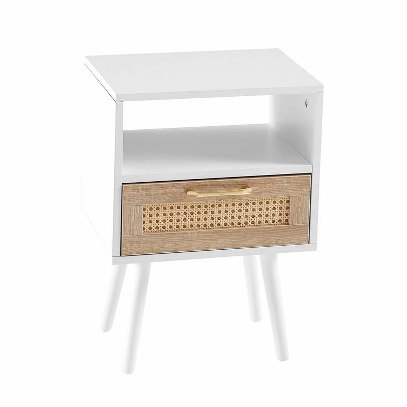 Rattan Nightstand with Drawer, Solid Wood Legs, 16"" Side Table
