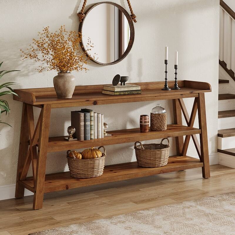 63-Inch Solid Wood Console Table with X-Shaped Frame, 3-Tier Storage - 62.99" L x 13.78" W x 35.83" H