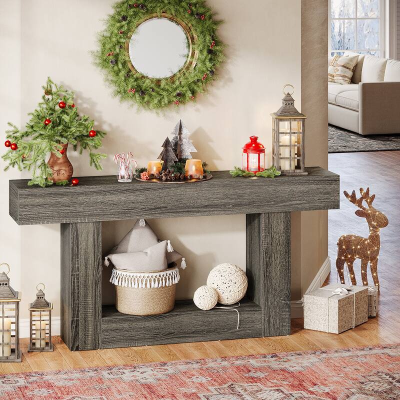 Farmhouse 63-Inch Long Console Table, 2-Tier Entryway Table Sofa Table with Storage - Dark Grey