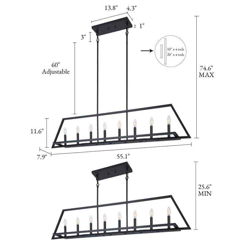 55.1 IN Modern Black Metal 8-Light Linear Geometric Chandelier Kitchen Island Farmhouse Lighting - L55.1" x W7.9" x H11.6"
