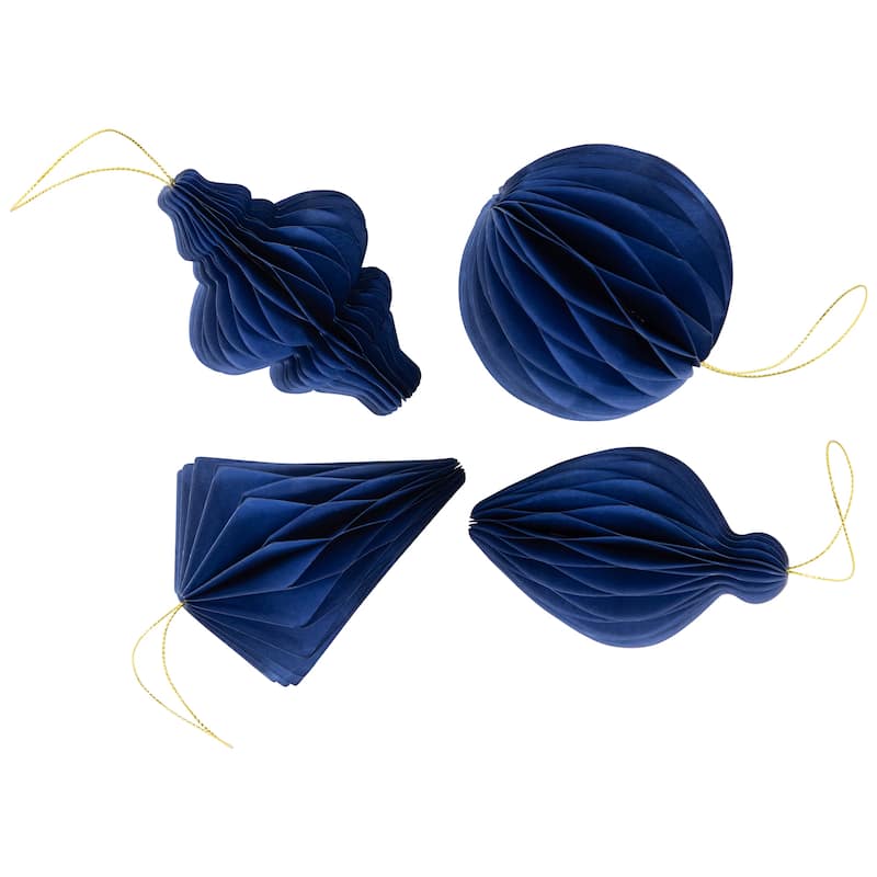 Accordion Honeycomb Foldable Paper Christmas Ornaments - 4" - Navy Blue - Set of 4
