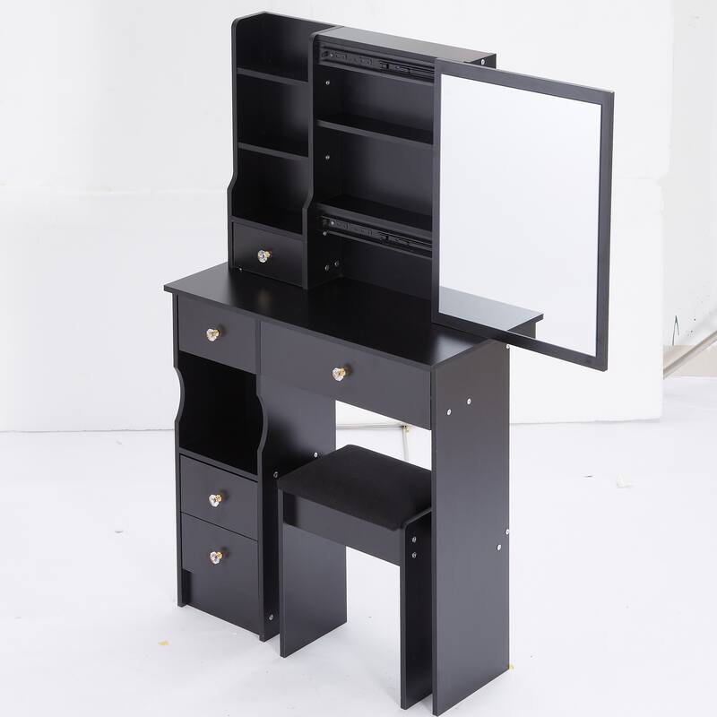 29.2" Small Space Left Drawer Desktop Vanity Table + Cushioned Stool, Extra Large Right sliding mirror