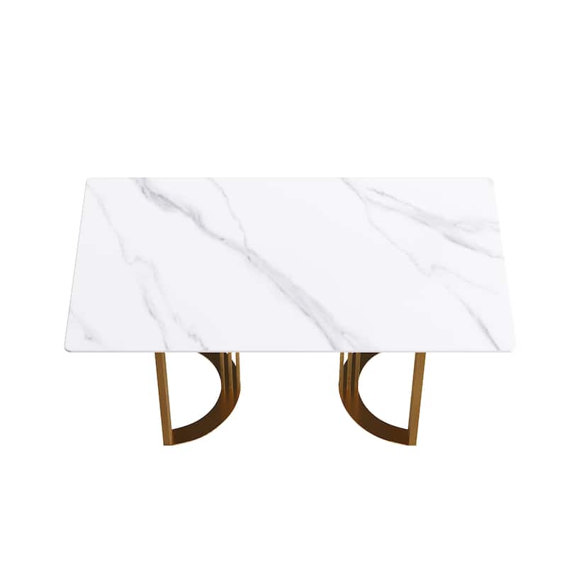 63"Modern artificial stone white straight edge metal leg dining table -6 people