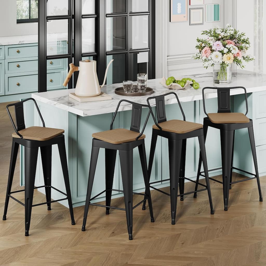 Swivel Counter Stools with Metal Frame Farmhouse Counter Chairs with low Back 24" Kitchen Bar Furniture Stools with Wooden Seat