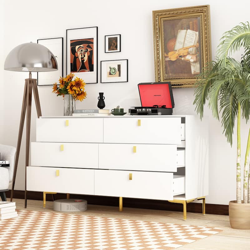 55.1"W 6-Drawer Double Dresser Black Gold Storage Cabinet Chest