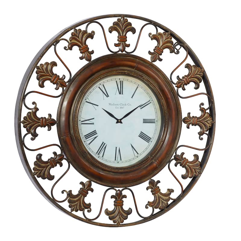 Metal Fleur De Lis Wall Clock - Brown - Roche River Decor - 5"W x 38"L x 38"H