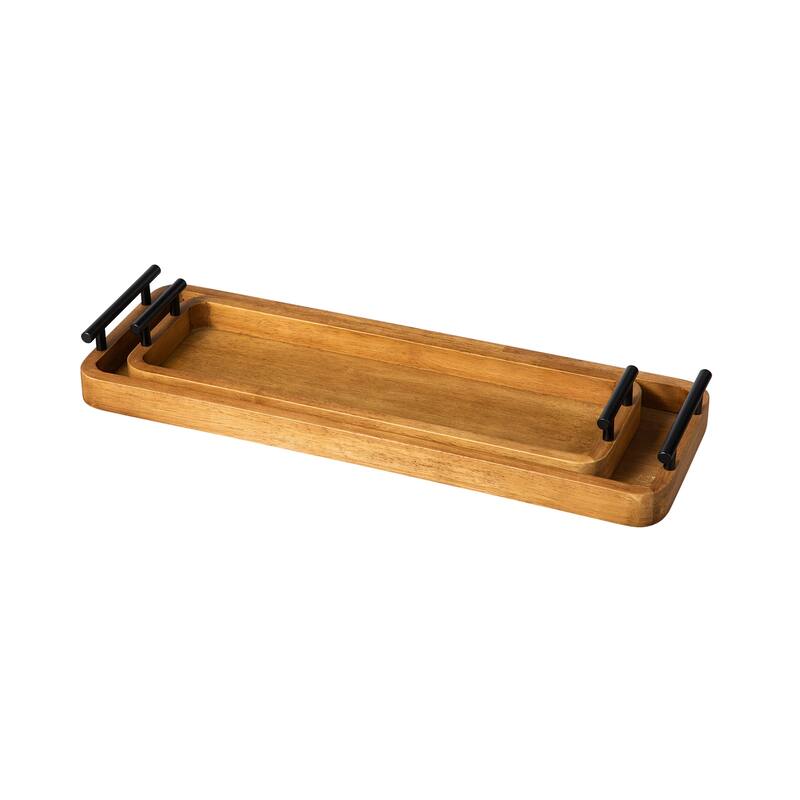 Glitzhome Set of 2 Rectangle Antique Wood Decorative Trays with Metal Handles