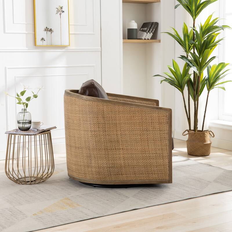 High Back 360 Degree Swivel Barrel Chairs, Leather Material Leisure Arm Chair Living Room Comfy Round Accent Sofa Chair